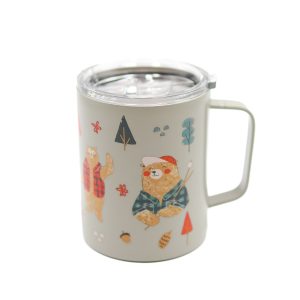 grey 12 oz mug with the handle facing to the left and displaying a bear in a hat and sweater amongst fir trees.