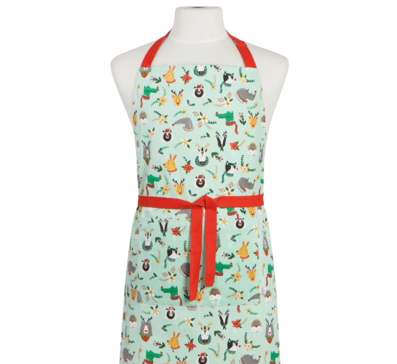 rudolph imposter apron screenshot light green apron with red straps and tie string, patterned with animals looking ready for holidays.