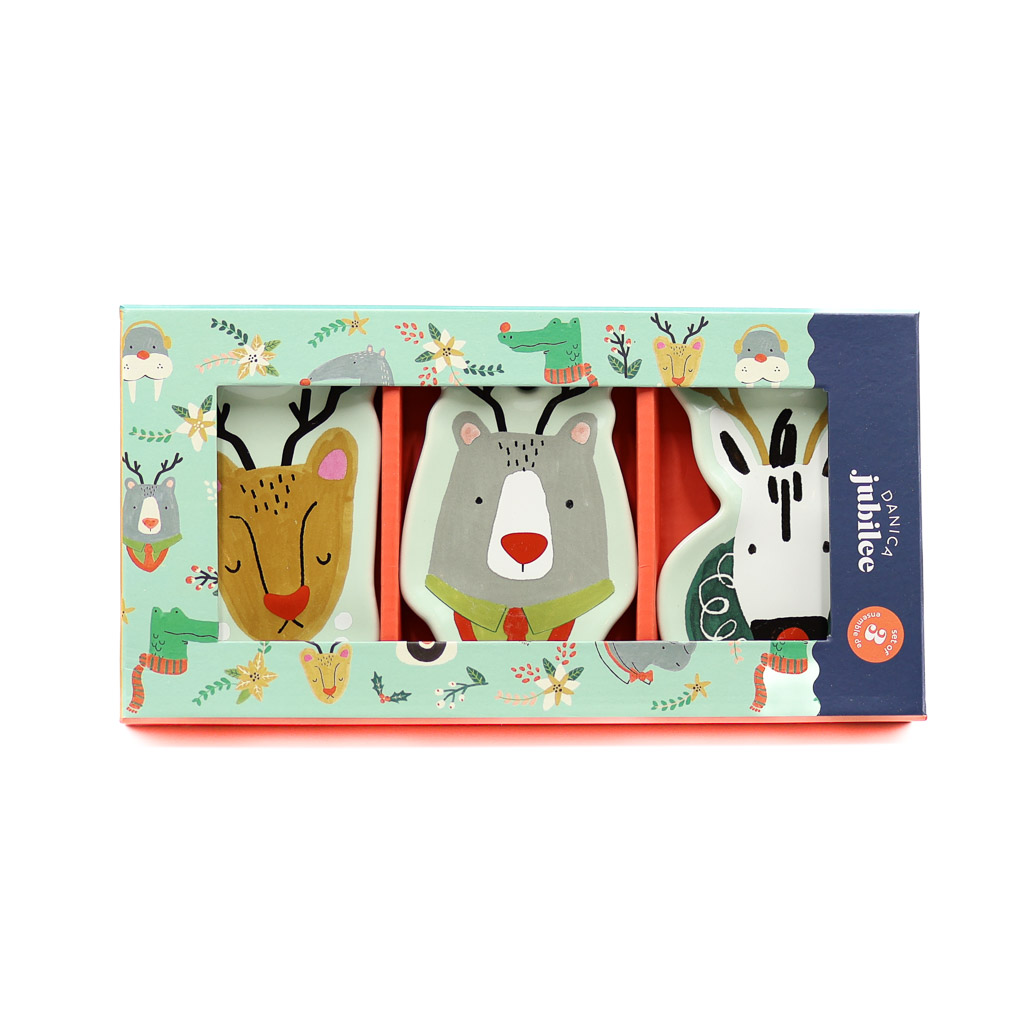 rudolph imposter shaped dish set danica horizontal box with appetizer plates inside. The plates are a cheetah, bear, and zebra all dressed up to look like Rudolph the reindeer.