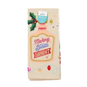 beige towel with the design of a bottle of whiskey in the middle and the words "making spirits bright" in the middle of that.