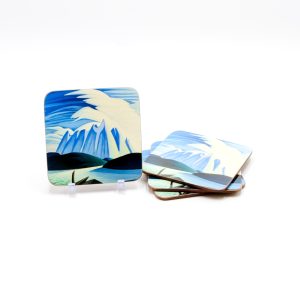 Coaster with lake and mountain design