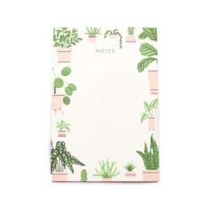 heavily bordered notepad with houseplants illustrations.