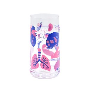 clear glass decorated with purple, blue, and pink decals of anatomical structures like lungs, hearts, and a skull!