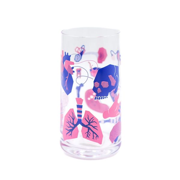 clear glass decorated with purple, blue, and pink decals of anatomical structures like lungs, hearts, and a skull!