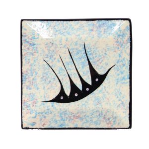 this square plate is 7.5x7.5 inches and is painted with light red, light blue, and white paint. the edges are black, as is the design in the center of the plate.