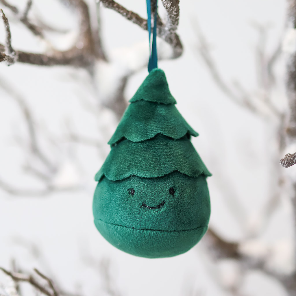 tree ornament festive jellycat christmas smiling tiny polyester tree ornament, fir tree green