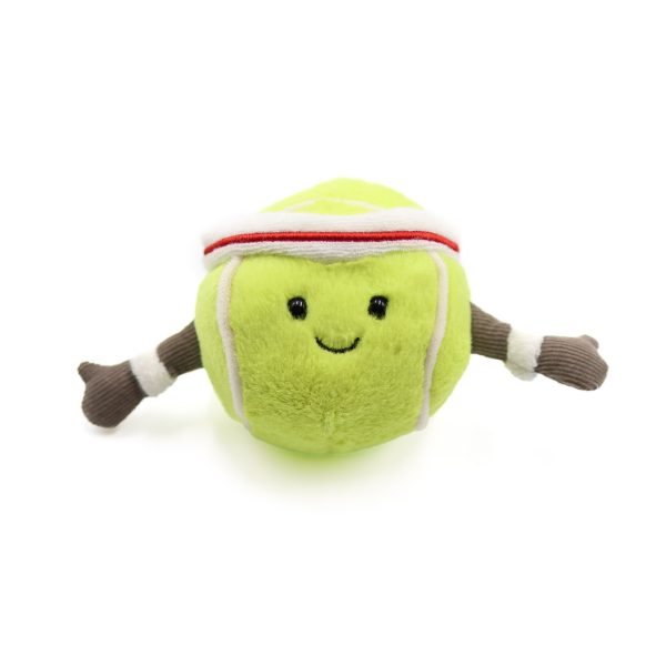 smiling bright green tennis ball with a white and red striped sweatband on its head and tiny corduroy arms.