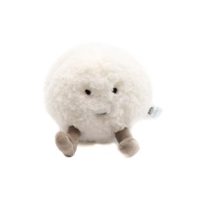 white fluffy snowball plushie toy with lil brown corduroy feet.