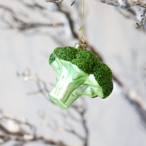 vibrant green, sparkling hand blown glass broccoli ornament