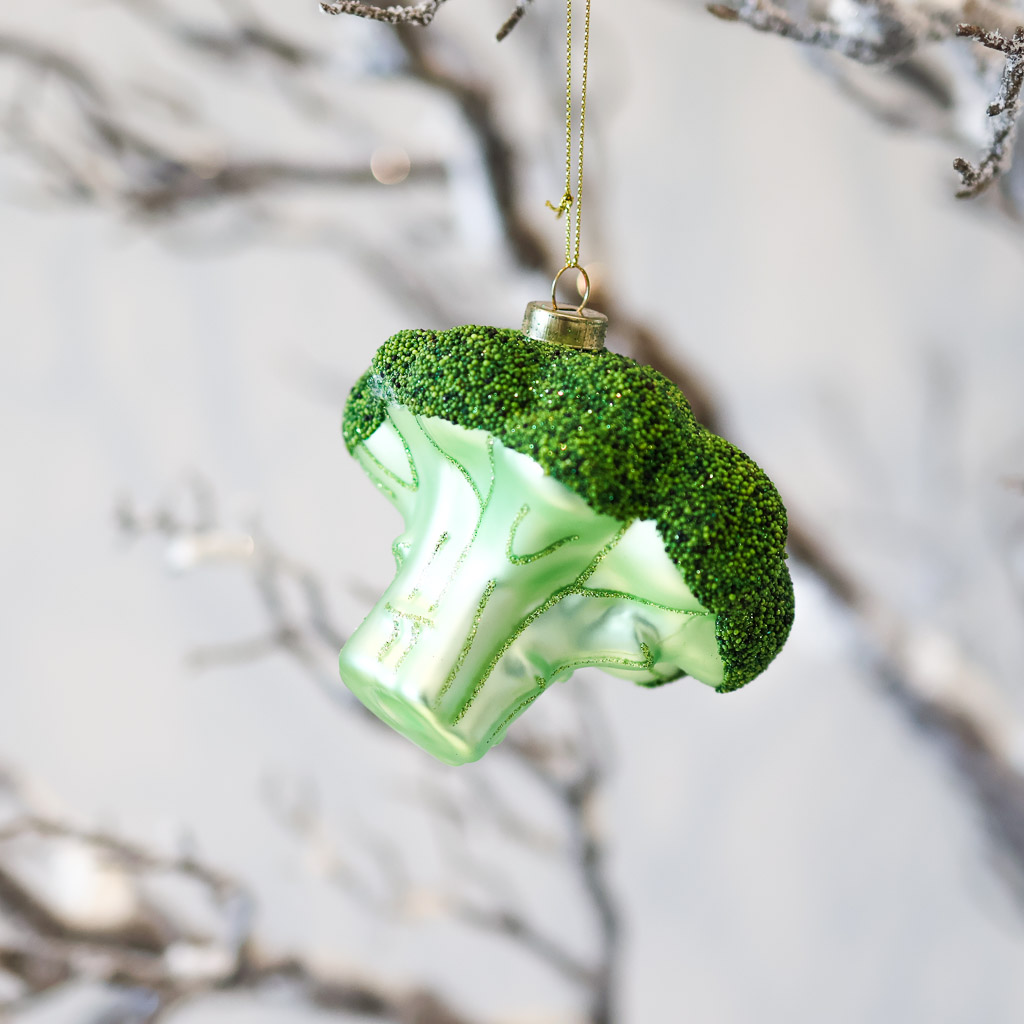 broccoli ornament option 2 vibrant green, sparkling hand blown glass broccoli ornament