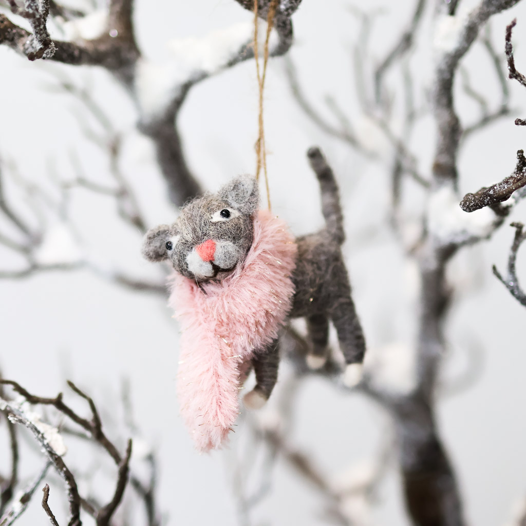 felt cat ornament option 2 little grey cat with pink nose and pink scarf