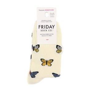 beige socks with wide winged butterflies patterned across it