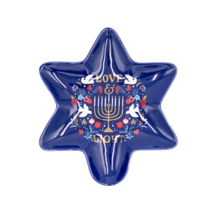 dark glossy blue star of david shaped spoonrest with a menorah design in the center.