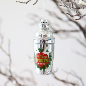 silver cocktail shaker ornament that says "spirits" on it