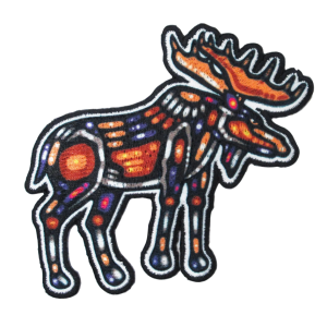 moose iron on patch is multicoloured and moose in profile shaped