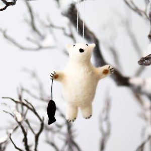 a white polar bear on its hind legs showing us a fish on a string
