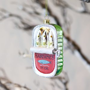 This beautiful glass ornament looks like a can of halfway opened sardines. It is metallic and well painted.