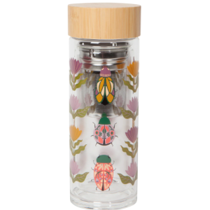 beetle patterned clear glass tea infuser with bamboo lid.